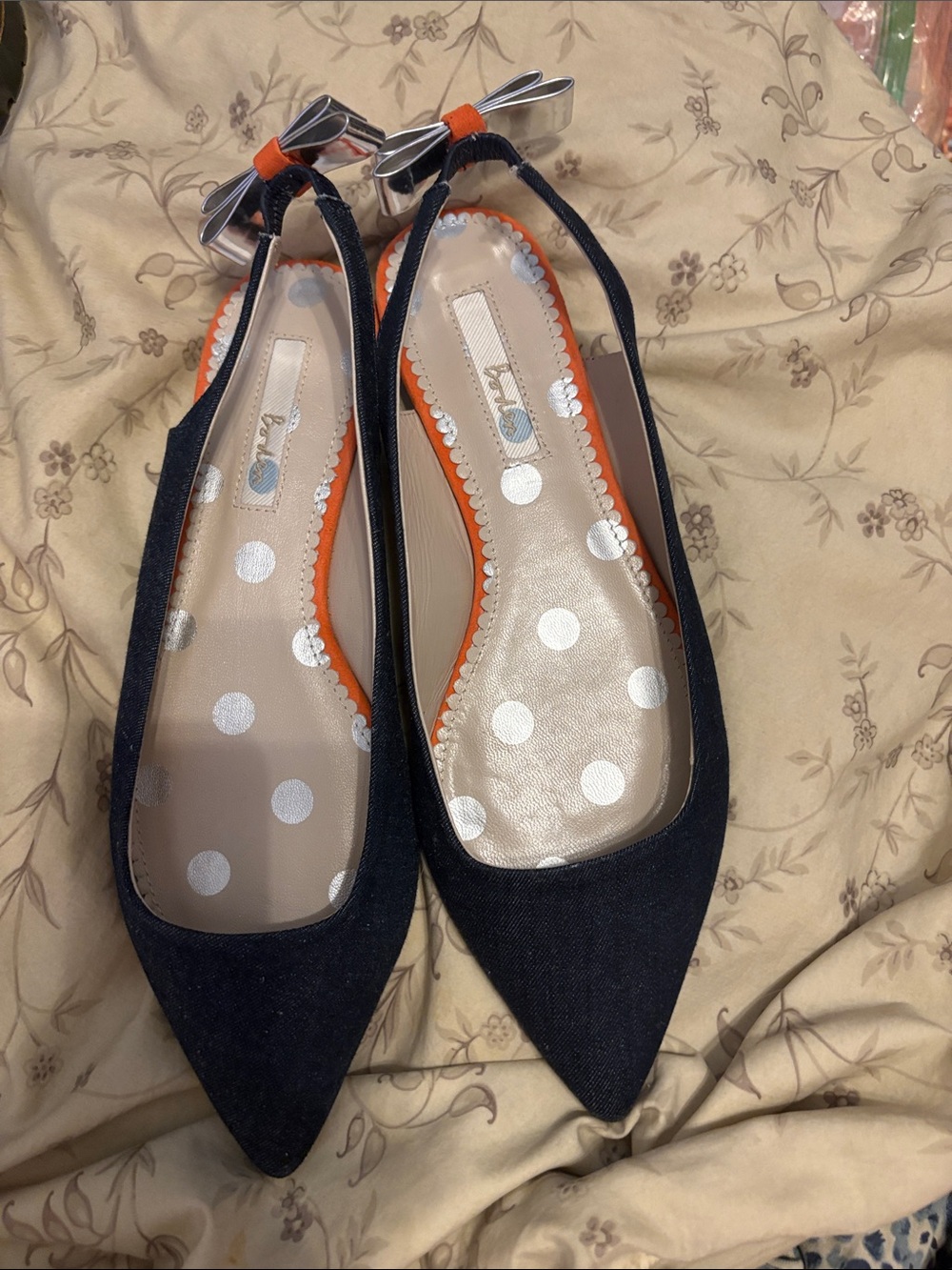 Boden Pointed Bow Denim Slingback Flats